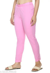Baby pink solid cotton blend cigarette trousers for women, half elasticated waistband, cropped fit and slim, size 26-44