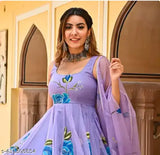 Lavender print Georgette Parpal gwon women's kurti and dupatta, long sleeves, sizes XXL available, made in India on display