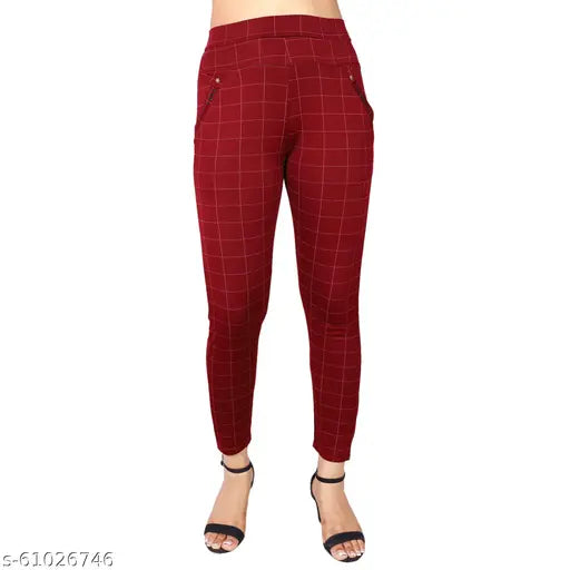 Trendy checked lycra jeggings for women, essential casual wear with stretch, India-made