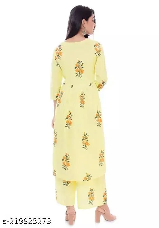 Printed long cotton kurti with palazzos, three-quarter sleeves, budget-friendly Indian fashion