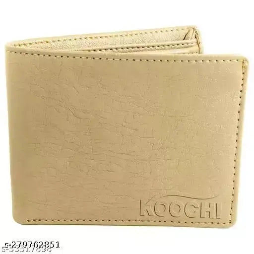 Beige textured PU leather bi-fold wallet for men, featuring 2 cash compartments, 2 slip pockets, and 3 card slots