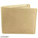 Beige textured PU leather bi-fold wallet for men, featuring 2 cash compartments, 2 slip pockets, and 3 card slots
