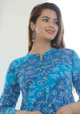 Blue cotton bandej printed anarkali dress kurta, mandarin collar, three-quarter sleeves - Indian women's fashion, S-XXL sizes