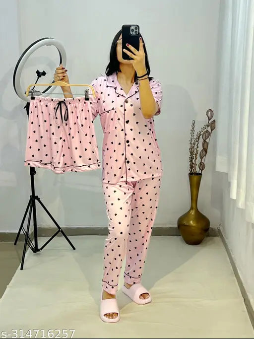 Women's silk-blend winter night suit 3-piece combo - printed net, includes shirt, pajama, and shorts for luxurious comfort