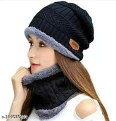 Black unisex wool beanie cap with faux fur inner side and matching neck muffler, perfect for winter weather