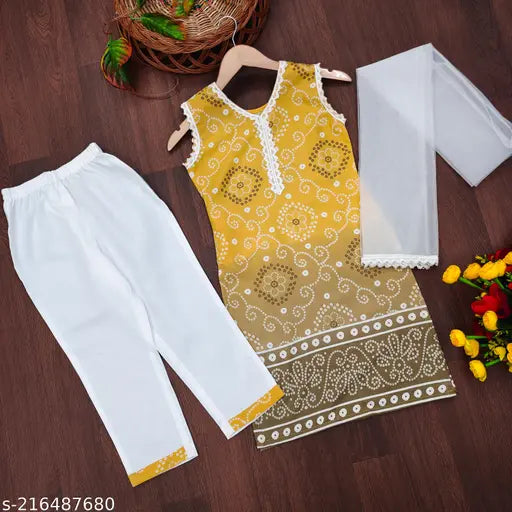 Cotton dupatta printed festive party kurta & pyjamas set for kids, 6-14 years