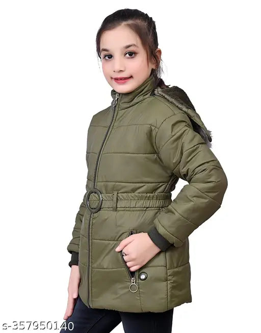 Olive green striped nylon butter jacket for girls & baby girls, Nadwi Collection
