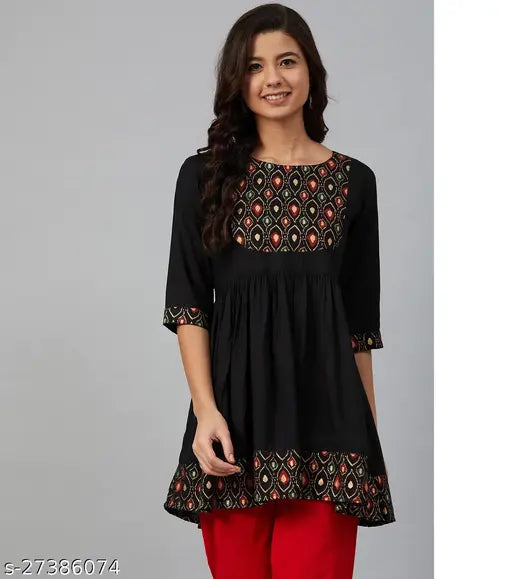 Viscose Rayon black and printed combo Chitrarekha superior kurti with round neck and three-quarter sleeves, A-line silhouette, India origin