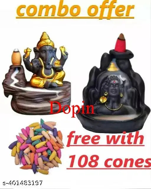 Golden Shiv-Ganesha Smoke Fountain Incense Holder Showpiece Statue (India). Handcrafted Aadiyogi and Ganesh figurine with reversible smoke flow, included with 108 Back Flow Incense Cones