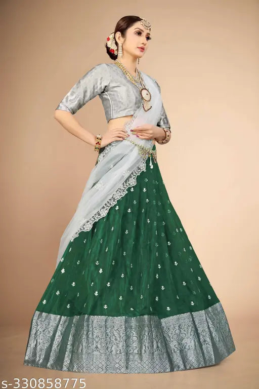 Orgenza Zari Traditional South Indian Half Saree in Art Silk, organza dupatta, and net set. Embroidered design with zari work on display