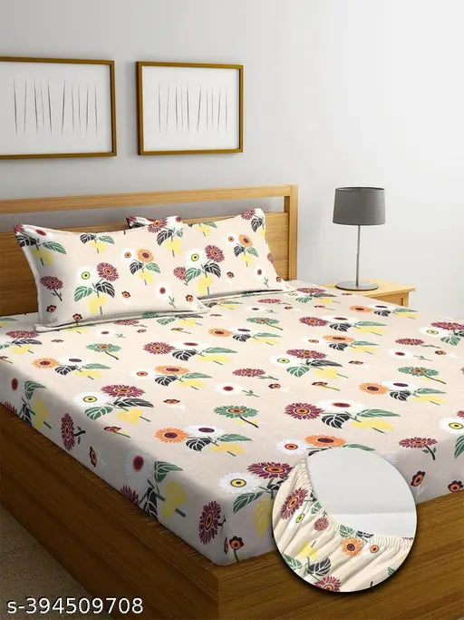 Premium cotton elastic king size fitted bedsheet with 2 pillow covers (double bed, 72x78 inches), designer glace cotton blend, ideal for summer use, easy tuck-in on heavy mattresses, made in India