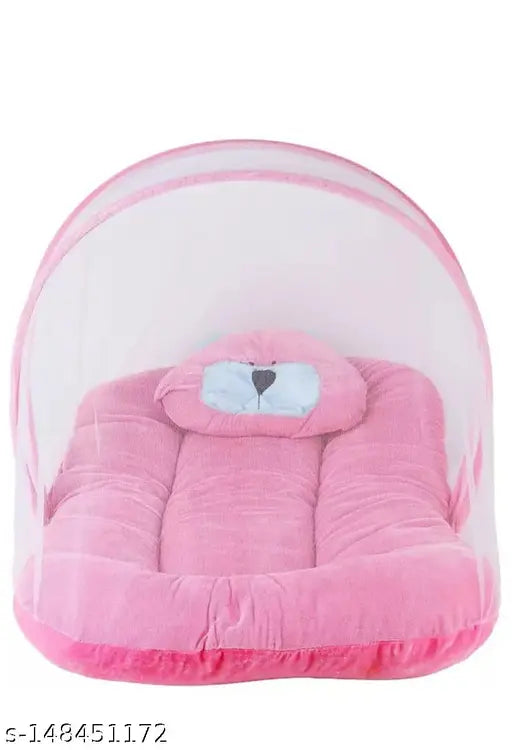 Pink cotton AC blanket mosquito net for kids bed box, perfect for mild winter. Breathable mesh, full air flow, and heart-shaped pillow included