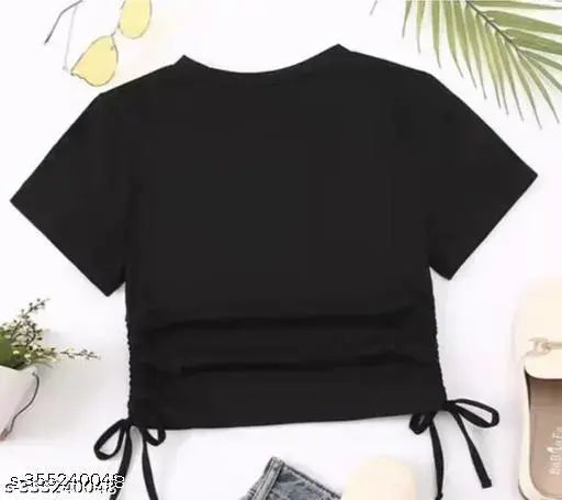 Black cotton blend short sleeve solid print top for women's daily wear, perfect for young and pretty styles. India origin