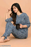 Designer printed rayon nightsuit, three-quarter sleeves, stylish pyjamas on hanger, India-made