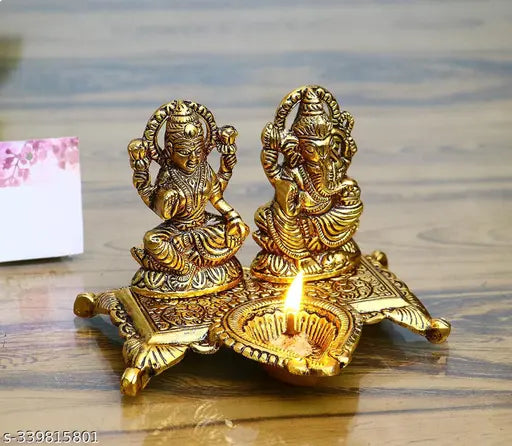 Brass Lakshmi-Ganesha idols with diya for puja room decor, auspicious exquisite diya, Indian handcrafted gift for Diwali or housewarmings (15cm x 10cm x 12cm)