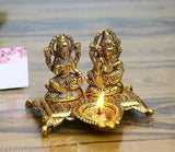 Brass Lakshmi-Ganesha idols with diya for puja room decor, auspicious exquisite diya, Indian handcrafted gift for Diwali or housewarmings (15cm x 10cm x 12cm)