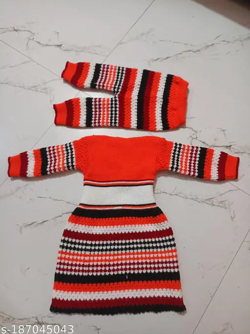 Long-sleeve striped knit baby frock sweater, warm winter attire for infants, made in India