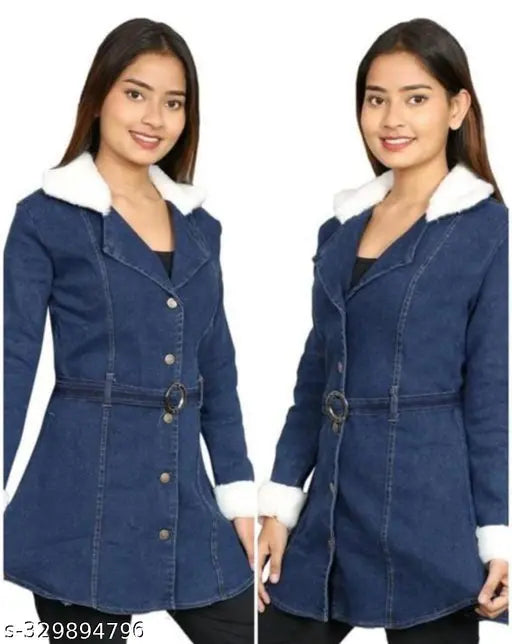 Blue denim long coat with white fur collar and sleeves, stylish girls' winter coat with belt