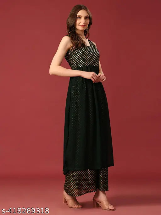 Georgette A-line sleeveless kurta with sweetheart neck, embellished palazzos in India