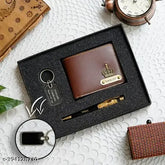 Faux leather men's wallet, keychain, personalized pen combo with name engraving, solid pattern, free size (12cm x 9cm) - India-made gift for timeless style