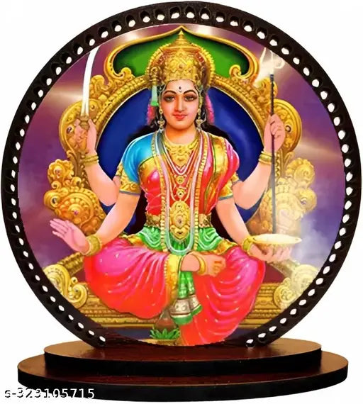 High-quality wooden Lord Santoshi mata idol, double-sided for car and home decorative showpiece, made in India, 3"x3.2" dashboard size & 3"x9" hanging dimensions
