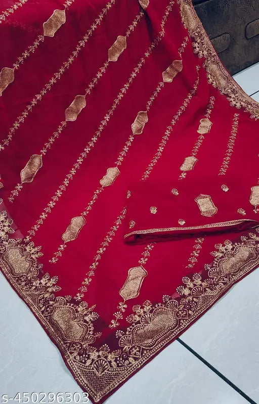 Embroidered Georgette Saree with matching Georgette Blouse, Indian designer C pallu, length 5.5m, free size