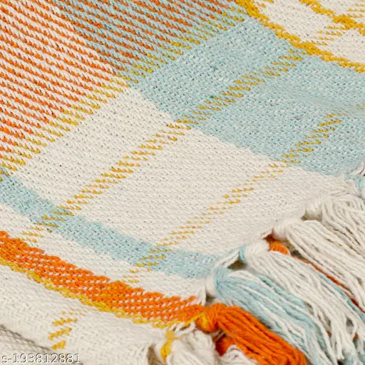 Red and white geometric cotton net blanket (1200g, 125x150 cm) for living room or bedroom - SASHAA WORLD striped design