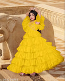 Party gown for kids, net floral ballgown with short sleeves. Indulgent piece from B.R. Enterprise's collection, perfect for birthdays or special occasions. Sizes range from 5-16 years. Made in India