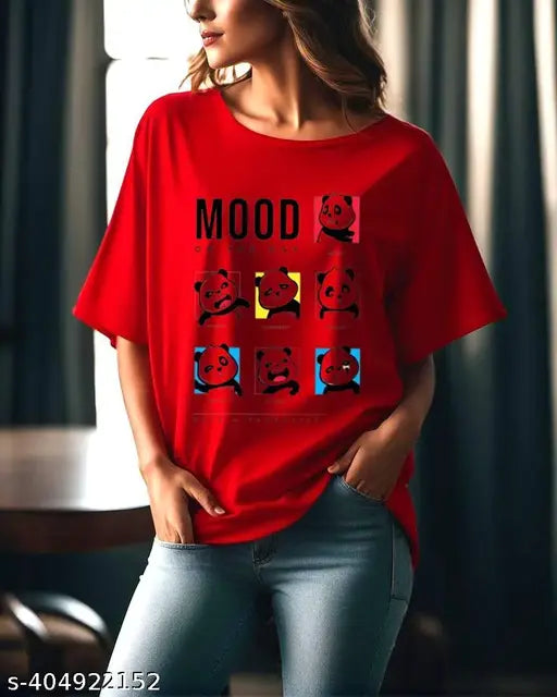 Cotton printed oversized t-shirt for women, short sleeves, off-shoulder design, loose fit - India