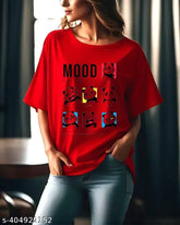 Cotton printed oversized t-shirt for women, short sleeves, off-shoulder design, loose fit - India