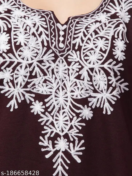 Wine wool embroidered Aari work kurta for women, three-quarter sleeves, vibrant multi-colored design from India