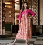 Pink rayon long kurta with three-quarter sleeves, printed combo on women's fashion, single size S to XXL