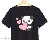 Black cotton blend crop top with printed net Dill panda design, short sleeves style