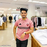 Polycotton, horizontal stripes, short sleeves casual shirt - regular fit polo collar, men's size M, L, XL on display