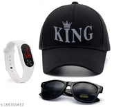 Striped embroidered King Cotton adjustable baseball cap with white digital LED band watch and black sunglasses, special Diwali gift pack for men and boys (3-piece set) - Made in India