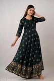Dark green rayon Anarkali kurti with gold print for office/party wear, featuring 3/4 sleeves and round neck, available in sizes S to 4XL (36in - 48in bust)