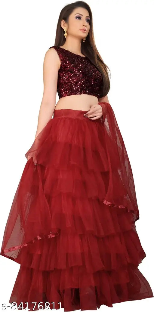 Satin sequin-work semi-stitched lehenga choli and net dupatta set with ruffles and lace patterns, free size (42 in waist, 42 in length), alterable up to 42 inches