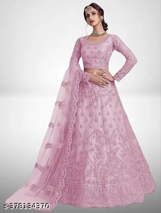 Net embroidered Lahenga Choli set, semi-stitched Indian bridal wear with dupatta, featuring intricate work