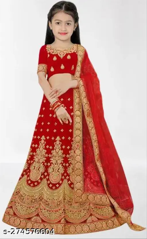 Embroidered red satin lehenga-choli set with net dupatta, Indian semistitched bridal wear for girls aged 3-8 years, featuring short sleeves and intricate stitching
