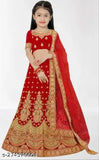Embroidered red satin lehenga-choli set with net dupatta, Indian semistitched bridal wear for girls aged 3-8 years, featuring short sleeves and intricate stitching
