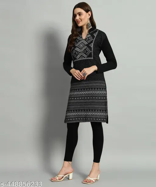 Women's wool three-quarter sleeve printed kurta, M/L/XL sizes, Indian-made, pack of 1