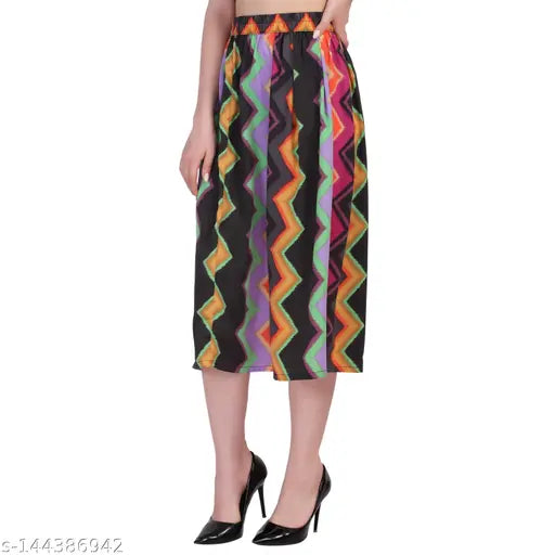 Multi-colored crepe polyester calf length skirt, elasticated belt, vibrant print, women's wear, size 30 inches, made in India