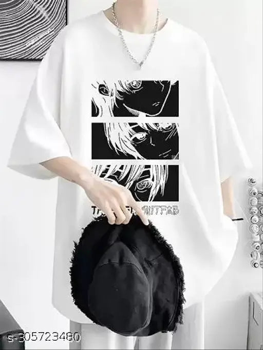 White cotton anime print oversized baggy fit t-shirt, comfortable to wear, half sleeve, round neck