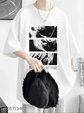 White cotton anime print oversized baggy fit t-shirt, comfortable to wear, half sleeve, round neck
