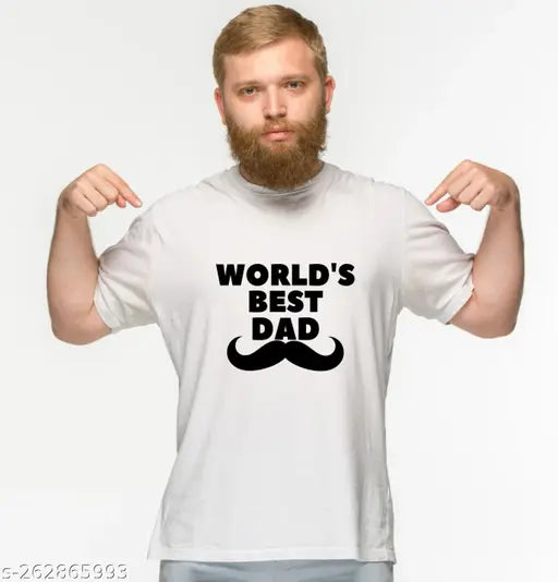 White cotton blend round neck T-shirt for men, printed with "World's Best Dad" quote, ideal for summer and daily wear. Made in India
