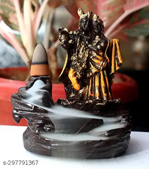 Antique Radha Krishna resin idol with 10 backflow incense cones, handcrafted home decor showpiece, Indian origin