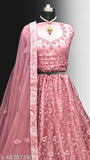 Designer pink net lehenga with embroidery work, semi-stitched with matching dupatta and unstitched blouse piece. Ideal for parties, weddings, or casual occasions