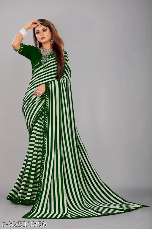 Woven Bollywood Georgette striped saree with separate Bangalore silk blouse, printed pattern, free size (5.5m length) from India