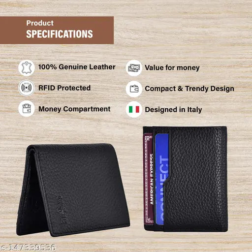 Black leather bi-fold wallet, ultra slim with 6 card slots, RFID protected for men