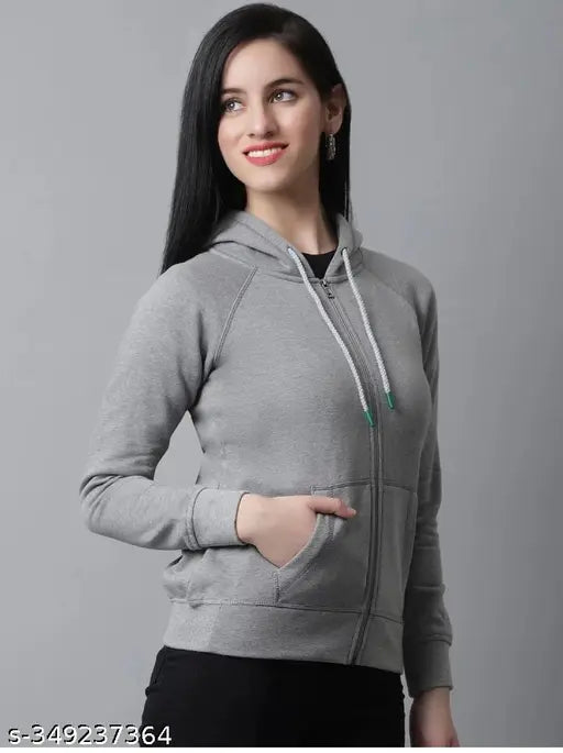 Light grey fleece zip-up hoodie for women, solid design, long sleeves, Made in India